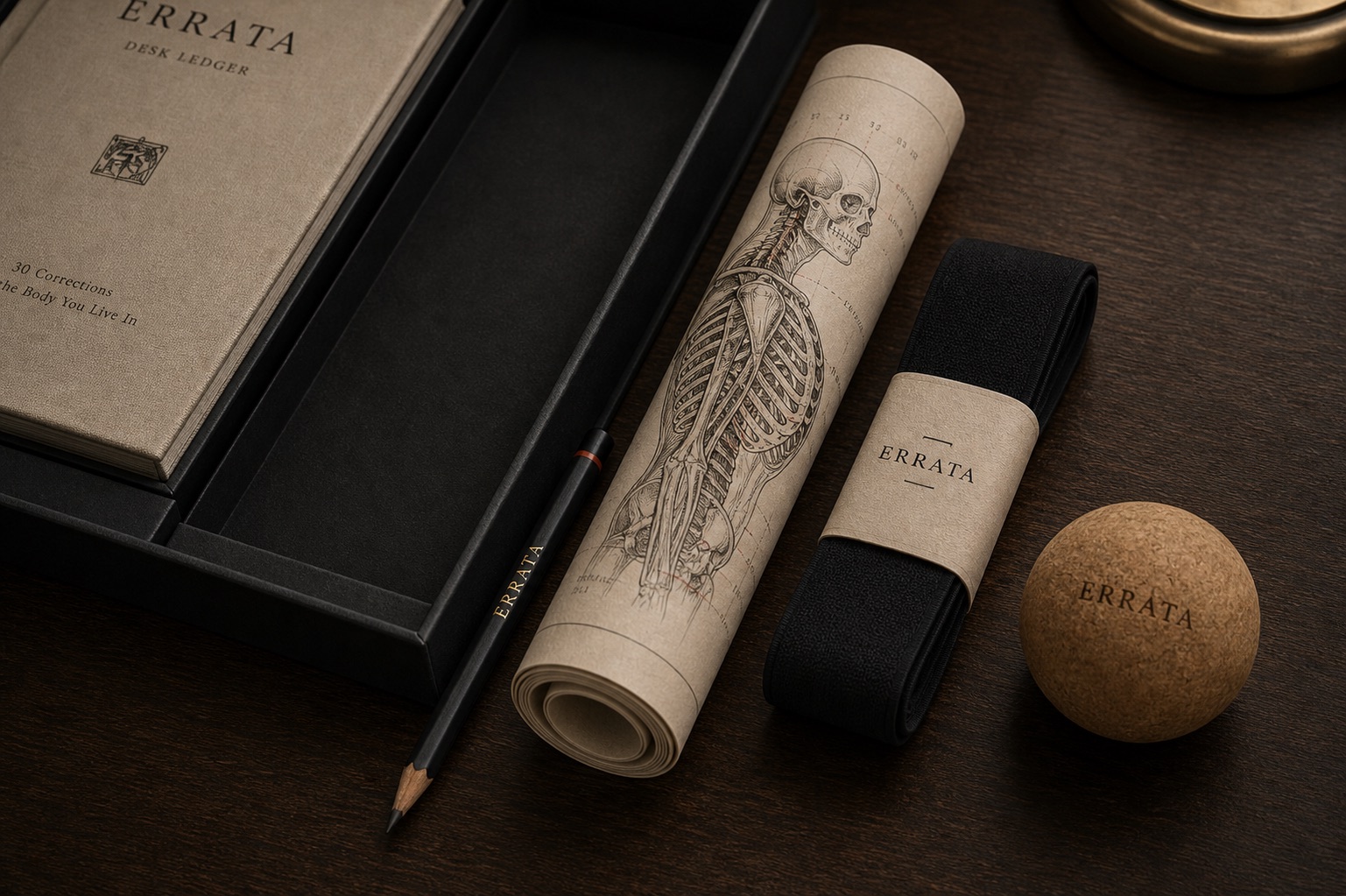 The Errata kit tools on a dark desk: Desk Ledger, rolled anatomical Desk-Body Map, Errata Pencil, movement band, and cork ball
