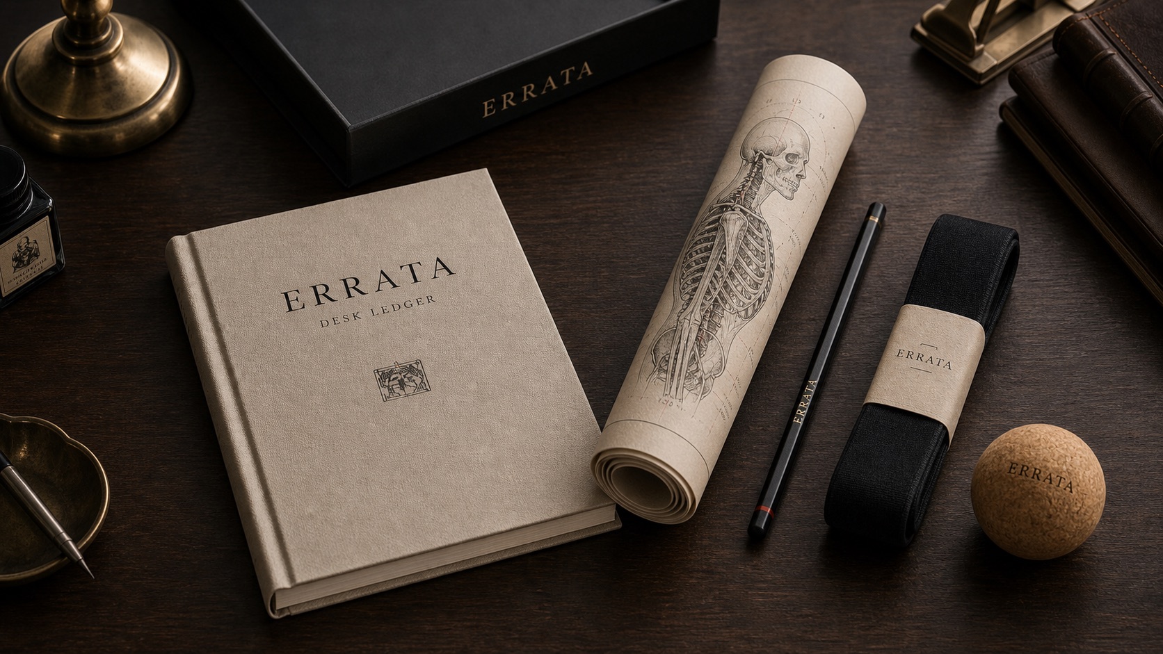The First Errata Kit components arranged on a dark desk: cloth-bound Desk Ledger, rolled Desk-Body Map, Errata Pencil, Movement Band, Cork Ball, and black Slipcase