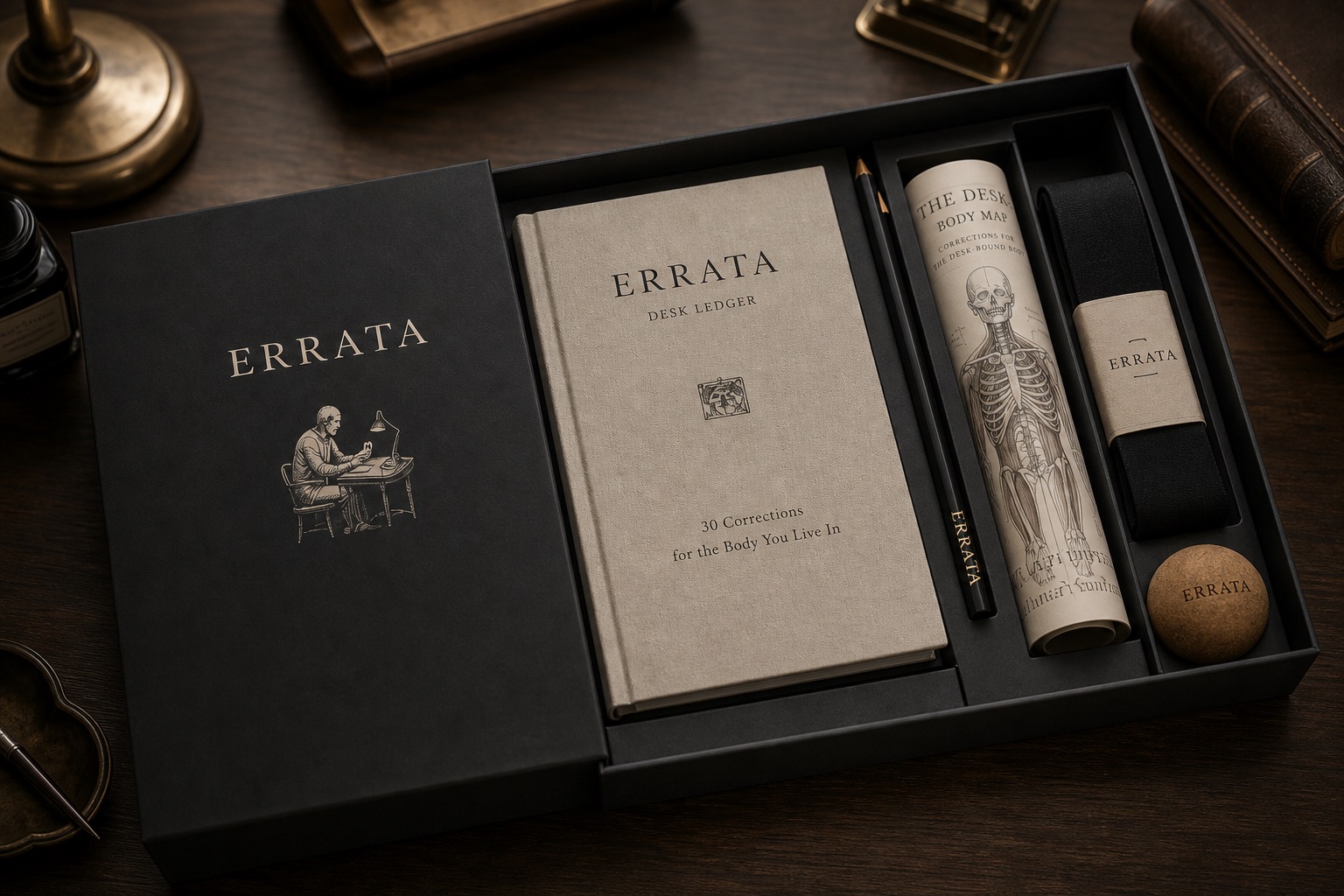 The First Errata Kit in its black slipcase with the cloth-bound Desk Ledger, rolled Desk-Body Map, Errata Pencil, movement band, and cork ball