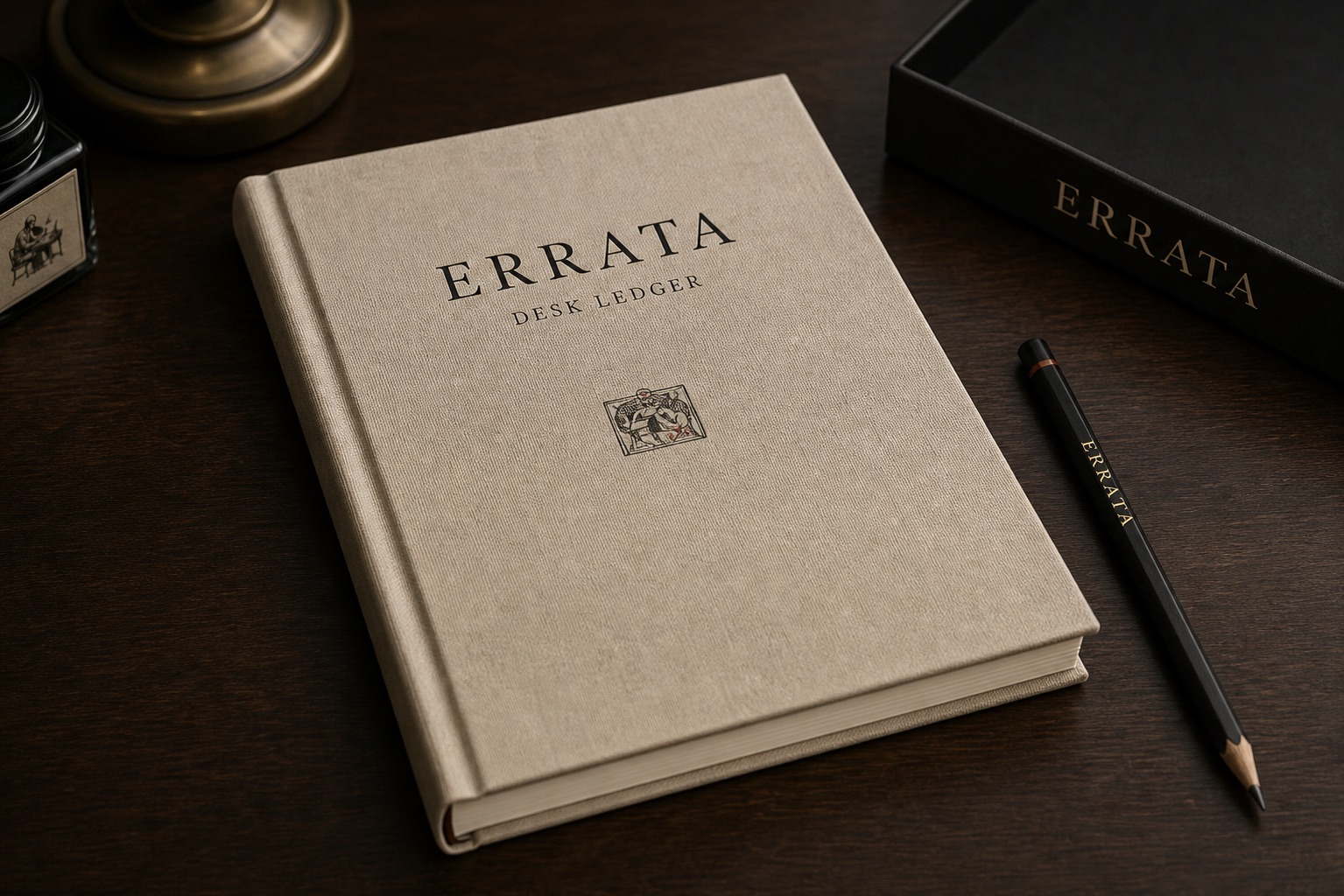 The cloth-bound Errata Desk Ledger on a dark desk with the black slipcase and pencil nearby