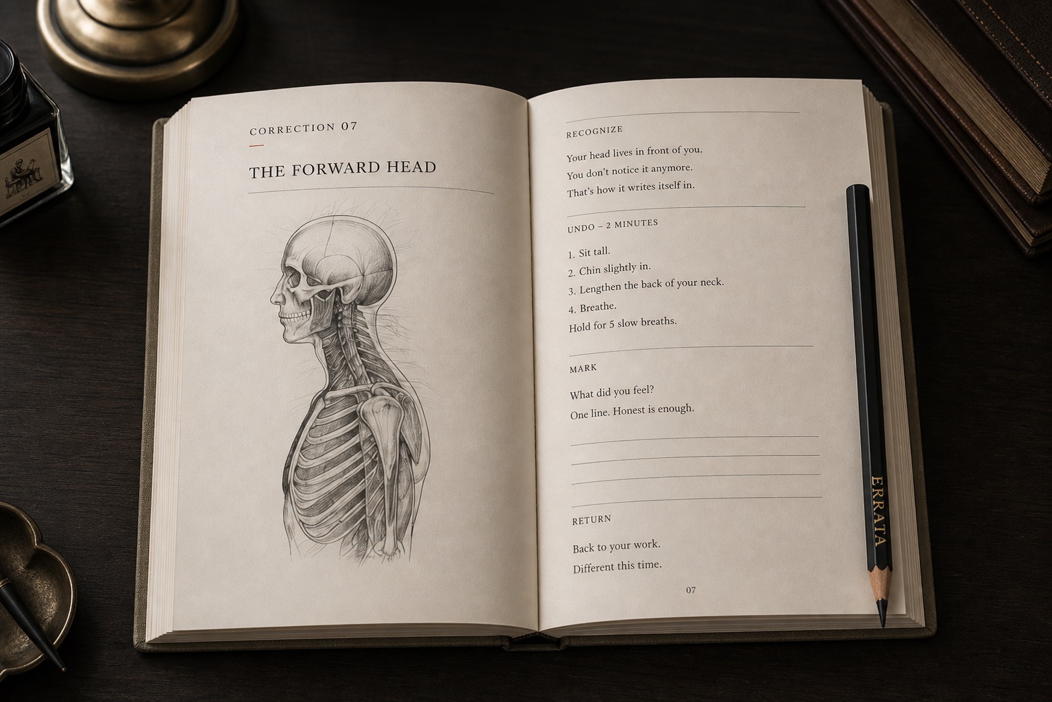 The Desk Ledger opened to a Forward Head correction page with a graphite anatomical plate and the Recognize, Undo, Mark, Return practice sections