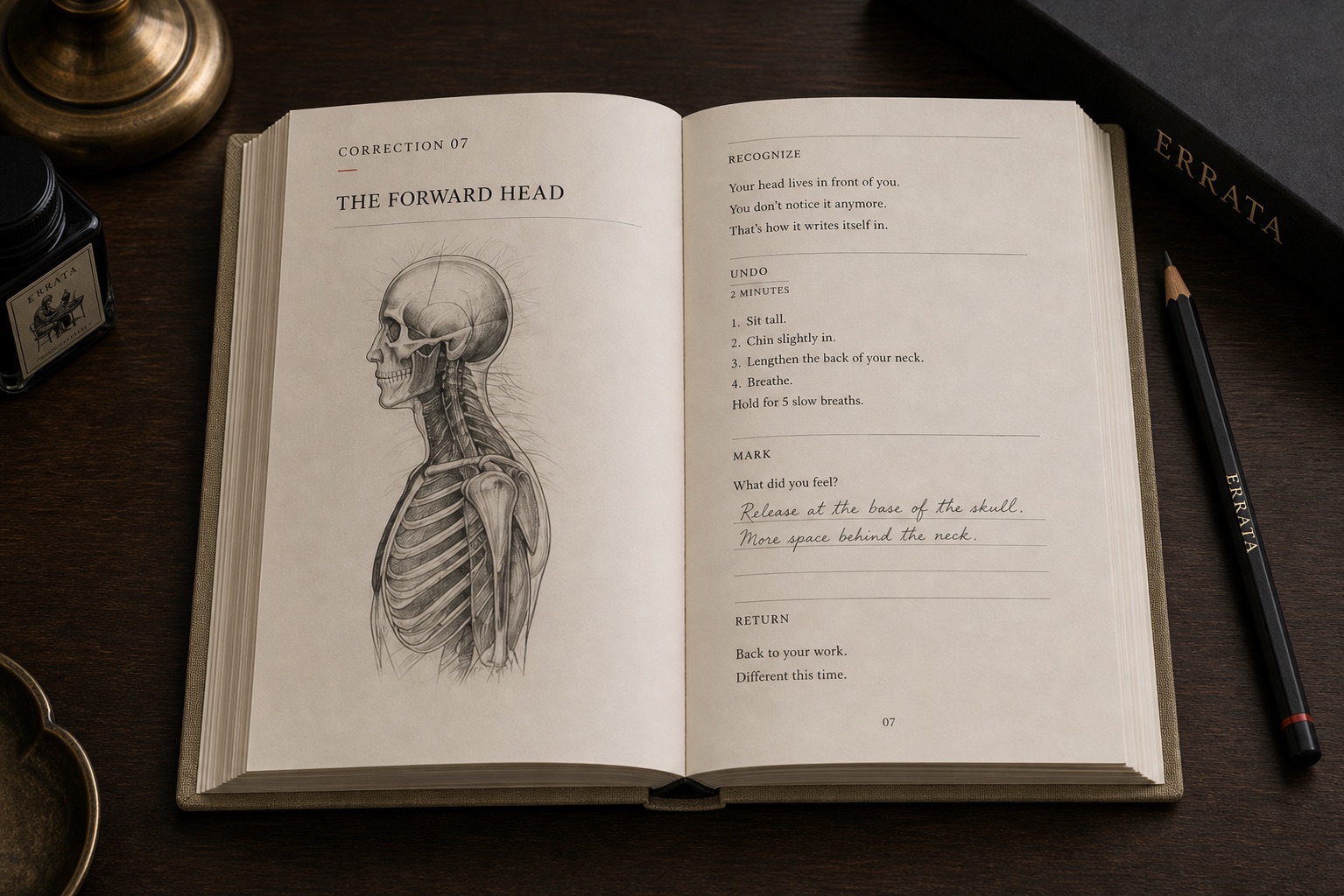The Desk Ledger opened to Correction 07, with a graphite Forward Head anatomical plate, Recognize, Undo, Mark, and Return sections, and a handwritten mark line