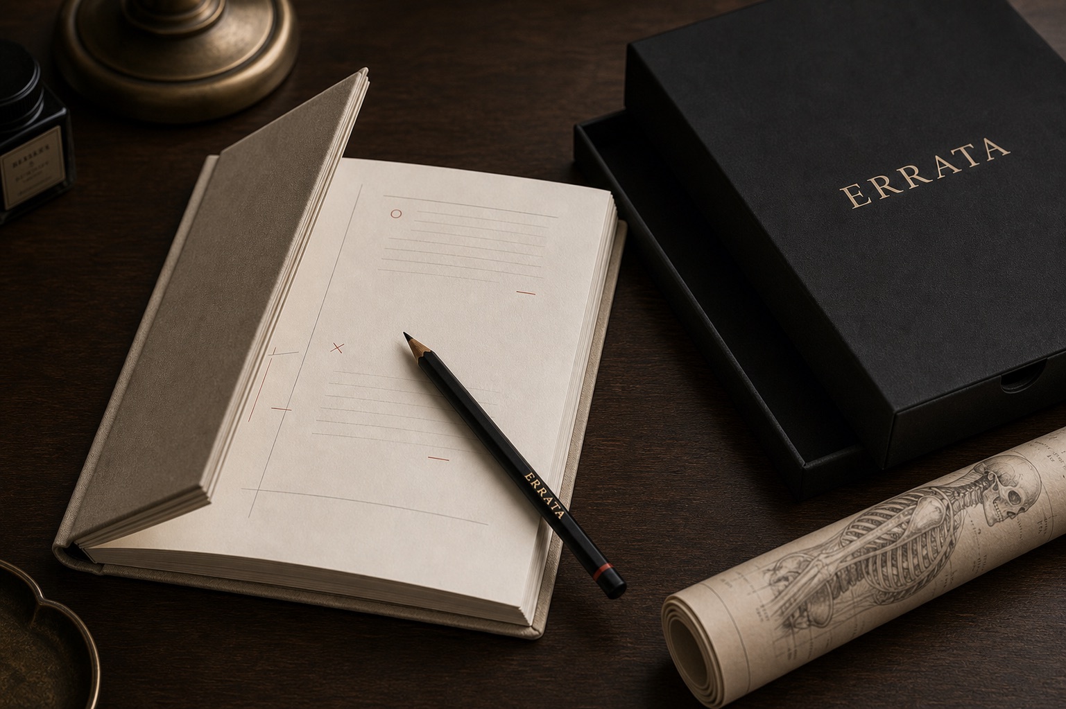 The Errata Desk Ledger half-open beside the black slipcase, pencil, and rolled Desk-Body Map