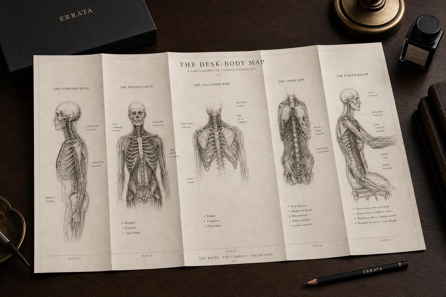 The Desk-Body Map fully opened as an accordion foldout, with graphite posture plates for forward head, folded chest, collapsed ribs, chair hips, and screen reach